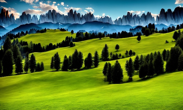 3d render photo beautiful shot of grassy hills covered in trees near mountains