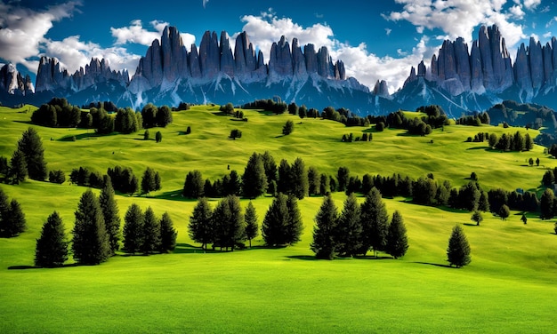 3d render photo beautiful shot of grassy hills covered in trees near mountains