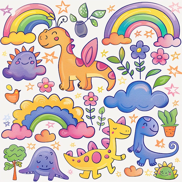 3d render photo of kawaii design featuring dinosaurs clouds flowers trees rainbows and dinosaur