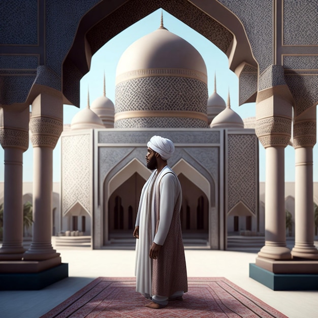 3d render photo realistic muslim man at mosque