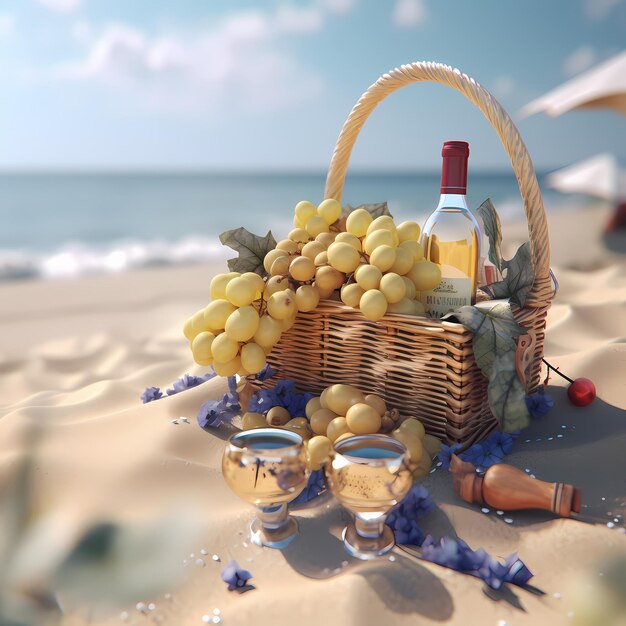 3d render of picnic basket on the beach