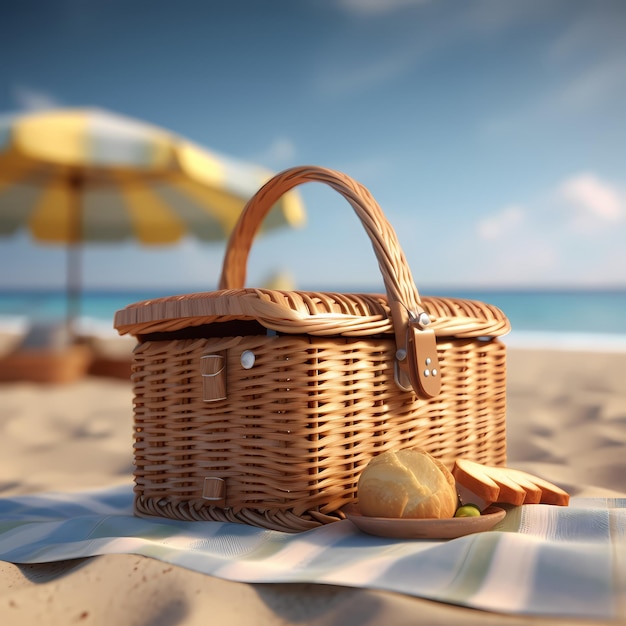 3d render of picnic basket on the beach