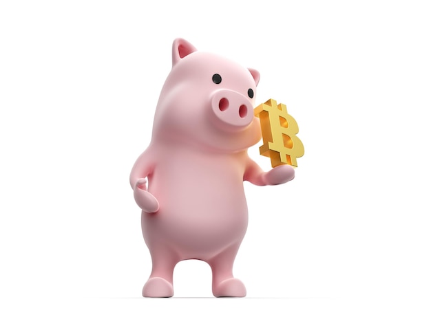 3d render of pig holding bitcoin symbol on white background