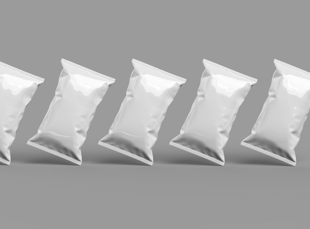 3d render of a pillowy snack packaging bag on a grey background