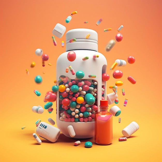 3d render of pills and capsules spilling out of pill bottle on orange background