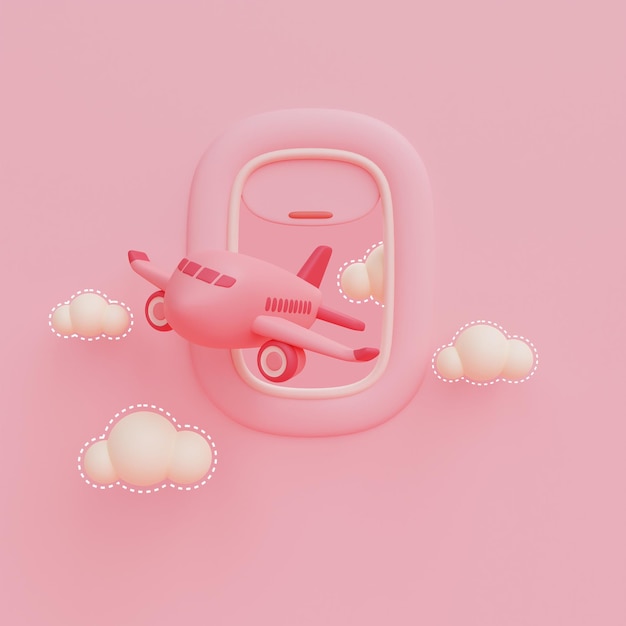 3d render of pink airplane window with plane in the sky,Tourism and travel concept,holiday vacation.minimal style.