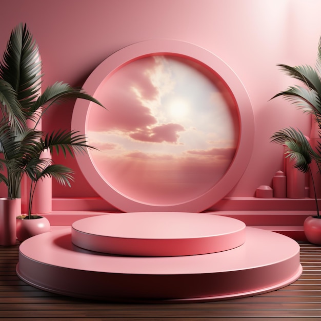 3d Render pink circle podium with modern background and plant decoration