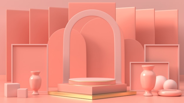 3d визуализации розового геометрического подиума для продукта или рекламы 3d абстрактного подиума