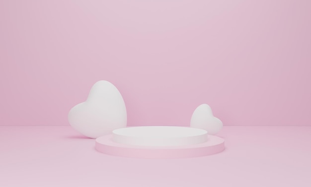 3d render Pink heart and podium stand to show product display on pastel color background