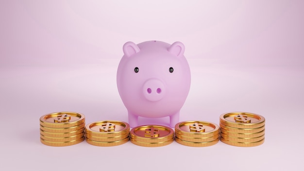 3d render pink piggy bank and gold coins on light pink background