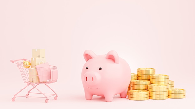 3d render of pink piggy bank with gold coins stacking for shopping concept