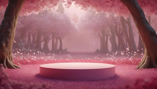 3d render of a pink podium in a fantasy landscape with beautiful background