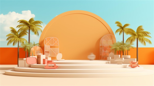 3d render of pink podium for product display with palm tree and flower