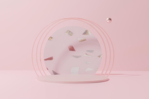 3d render of pink podium with terazzo like pink round backdrop pink arch rings and shiny flying sphere on a pastel pink background for your project