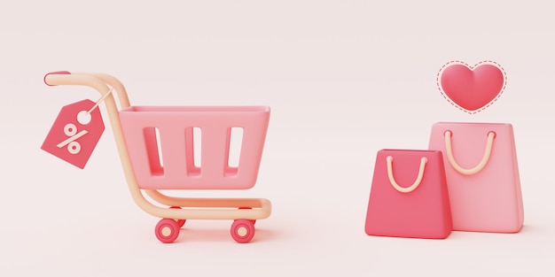 3D рендеринг розовой корзины с сумкой и поплавком на пастельном фоне, концепция продажи на день святого валентина, минимальный стиль.