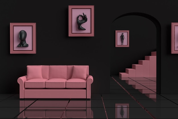 3d render pink sofa with black room and 3d artwork