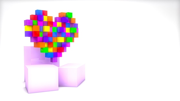 3d render pixel colorful heart with cubes isolated on white background with copy space