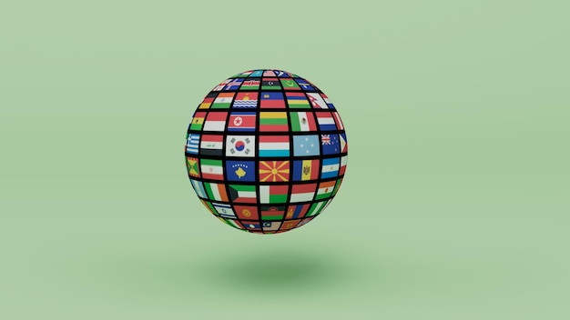 Rendering 3d globo del pianeta terra con bandiera di tutti i paesi su sfondo verde chiaro