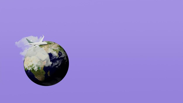 Foto rendering 3d del pianeta terra con le nuvole e un aeroplano sopra di loro bandiera del concetto della giornata della terra