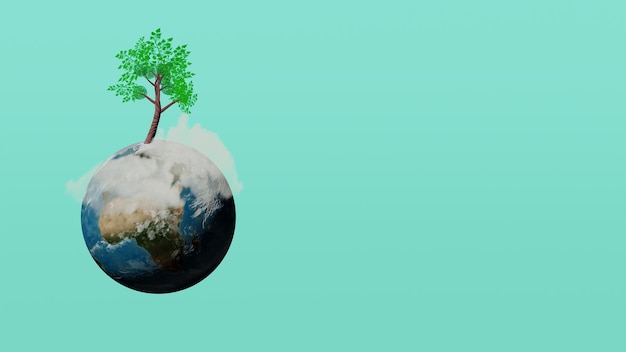 Photo 3d render of planet earth with a tree earth day concept banner with space for text for the design