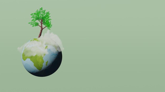 Rendering 3d del pianeta terra con un albero bandiera del concetto di giornata della terra con spazio per il testo per il design
