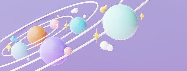 3d render of planet star and moon that floating on the air at night with purple lilac background