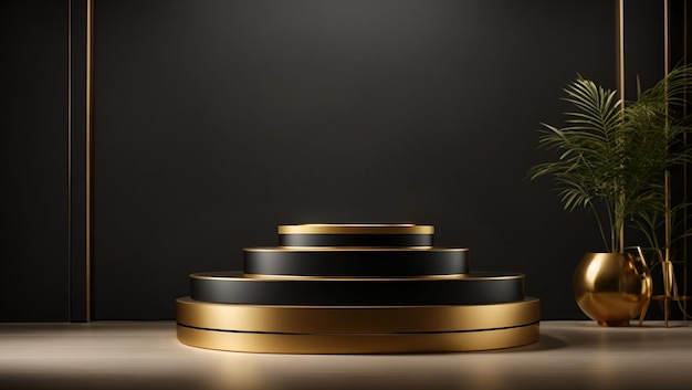 3d render podium black and gold for product display 06