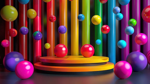 포디움과 다채로운 공의 3d 렌더링 제품 디스플레이에 대한 추상적인 배경