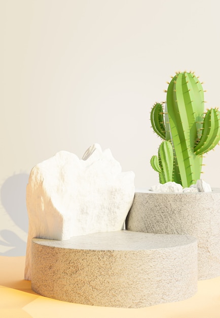 3d визуализация подиума из бетона с кактусом, песок для демонстрации вашего продукта