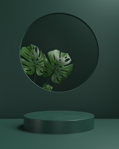 3D render podium met blad monstera en groene achtergrond, abstracte achtergrond, voor show cosmetica, display of showcase.