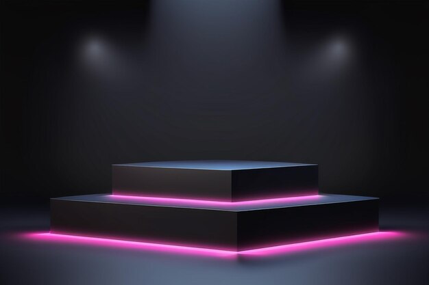 Photo 3d render of podium and neon light on dark background