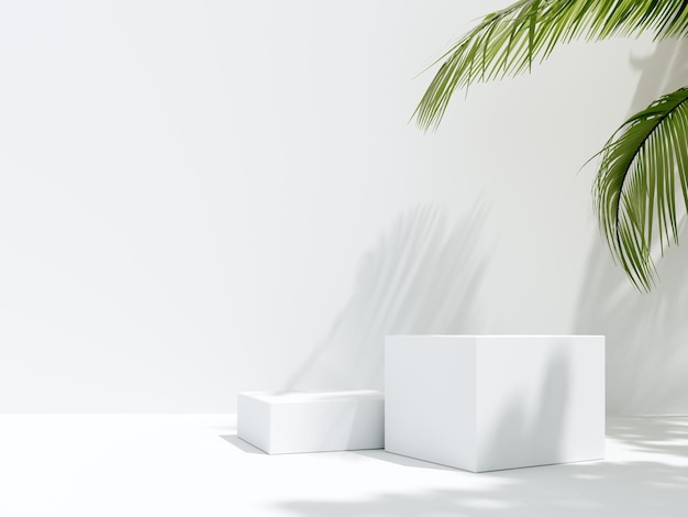 3D render podium showcase on light white background with shadows and green tropical leaves