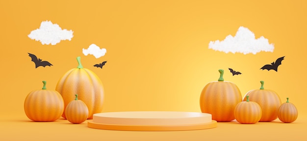 Foto rendering 3d del podio con il concetto di halloween, zucca, pipistrello, nuvola per la visualizzazione del prodotto