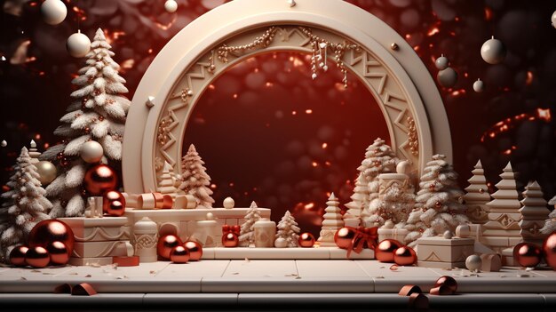 3d Render podium with merry christmas atmosphere