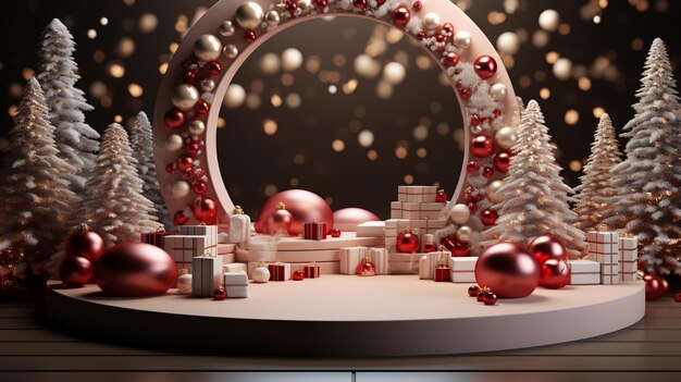 3d Render podium with merry christmas atmosphere