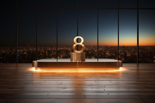 3d render of podium with number 9 on stage illuminated by spotlights