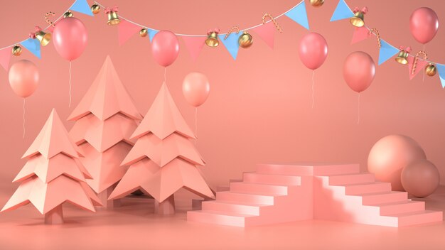 3d render of podium with trees and garlands