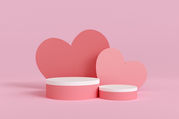 3D render podiumweergave Valentijnsdag met hartvorm op roze achtergrond.