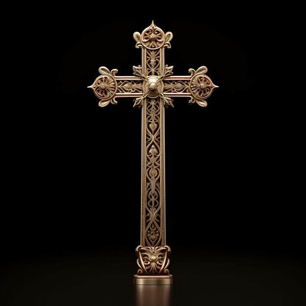3D レンダリング 麗な青銅の十字架 刻された花のデザインとパティナ T グッド・フライデー・イースター・パーム