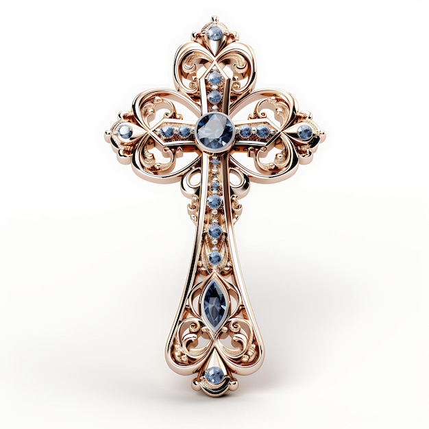 3D Render of Polished Silver Cross With Engraved Rose Gold and Sapphire E Good Friday Easter Palm