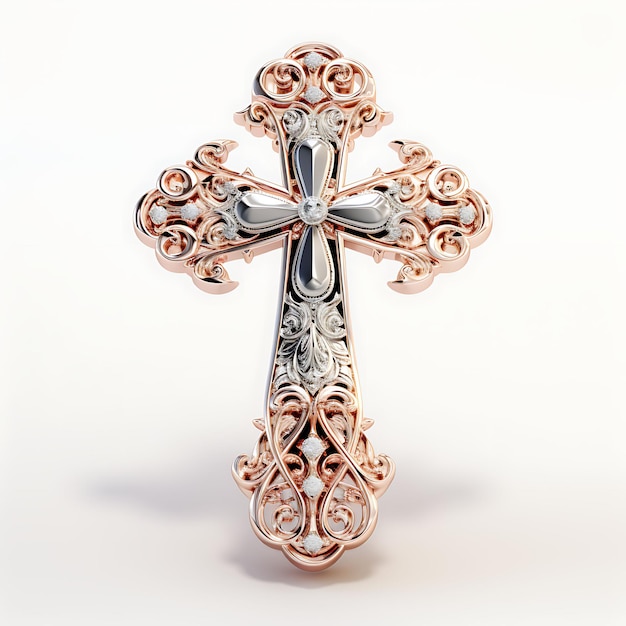 3D Render of Polished Silver Cross With Engraved Rose Gold and Sapphire E Good Friday Easter Palm