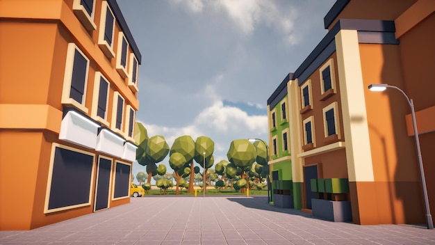 3D Render Polygon street in the old town and sustainable development environmental conceptxA