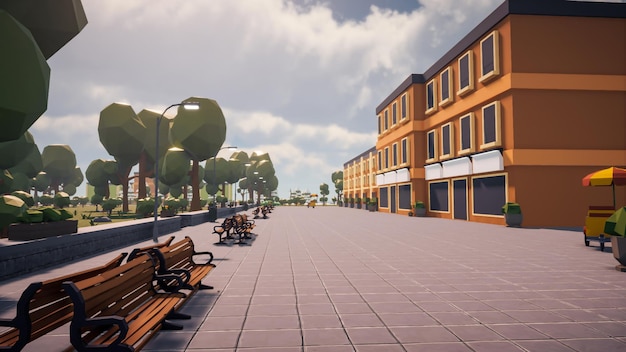 3D Render Polygon street in the old town and sustainable development environmental conceptxA