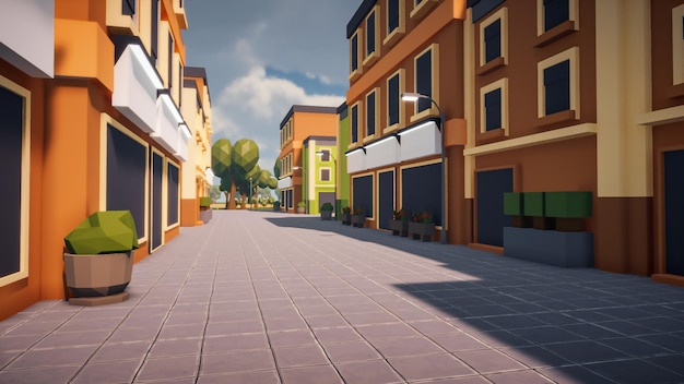 3D Render Polygon street in the old town and sustainable development environmental conceptxA