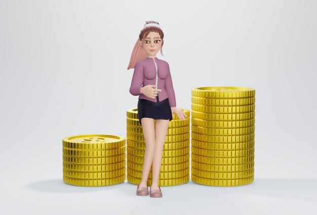 3D render Portret van een knappe zakenvrouw met een stapel geld