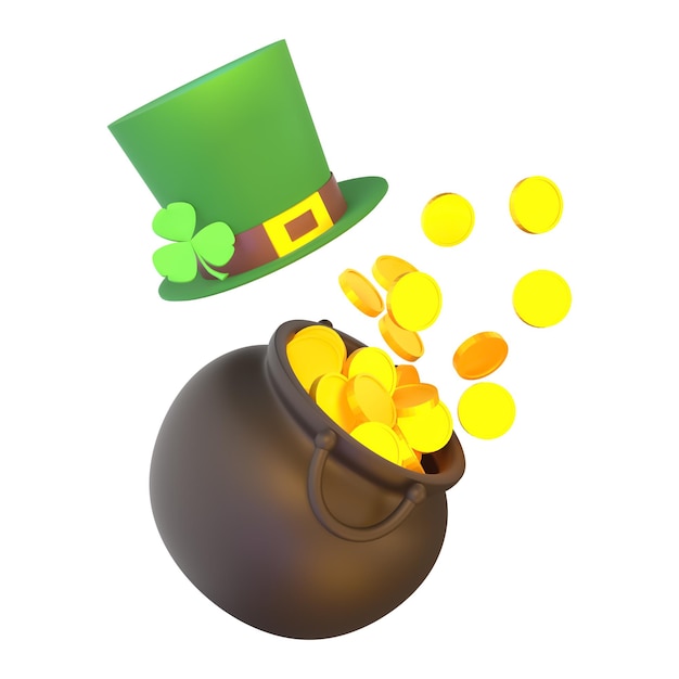 Photo 3d render a pot of gold and a leprechaun's hat.