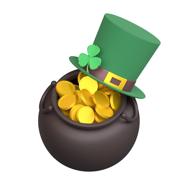 3d render a pot of gold and a leprechaun's hat.