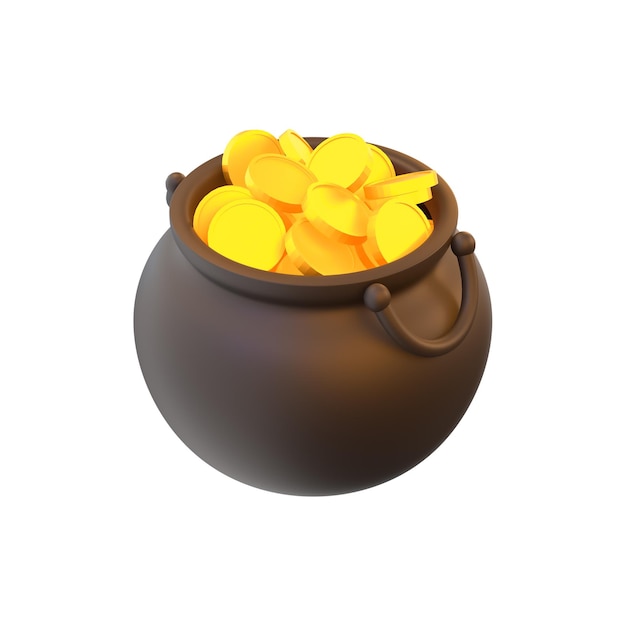 3d render pot with gold coins.