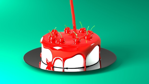 Photo 3d render pouring strawberry sauce to birthday cake with cherries on a plate