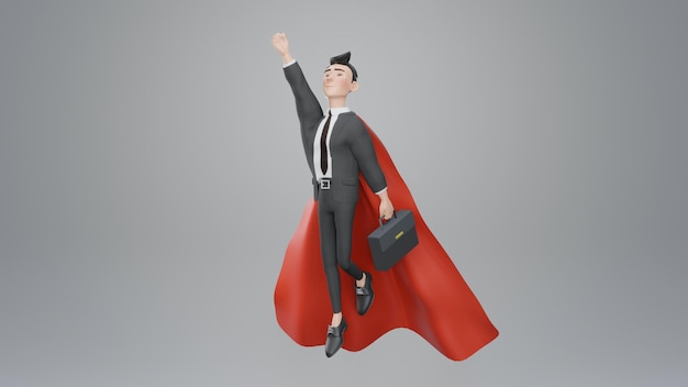Фото 3d визуализация могущественный бизнесмен супергерой герой в позе красного плаща летит